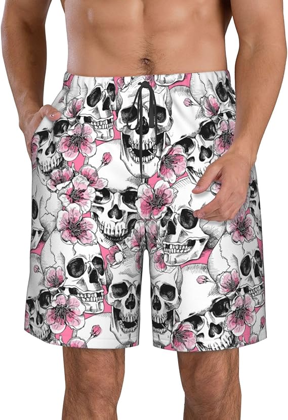 Mens Swim Trunks Quick Dry Board Shorts with Mesh Lining Beach Swimwear Bathing Suits with Pockets - skull swimsuit