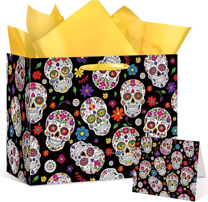 Skeleton Gift Bags Dia De Los Muertos Wrapping Paper with Greeting Card Gothic Birthday Gift Bag Halloween Party Gift Bags Trick or Treat Candy Bags Skull for Halloween Mexican Fiesta Party Favors Supplies - skull toilet paper