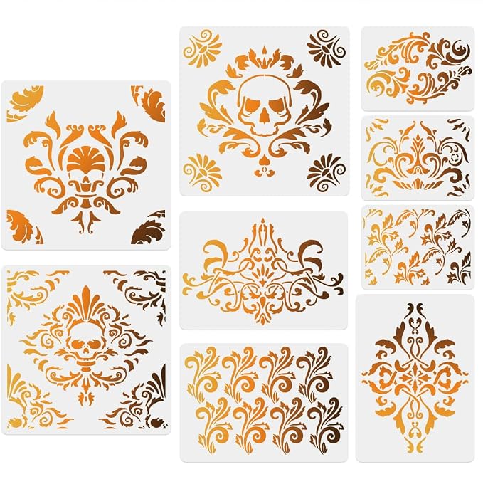 NBEADS 9Pcs Skull Plant Painting Stencils, 3 Sizes Reusable DIY Art and Craft Stencils Floral Vines Painting Template for Painting on Wood Fabric Paper Walls Canvas - skull painting