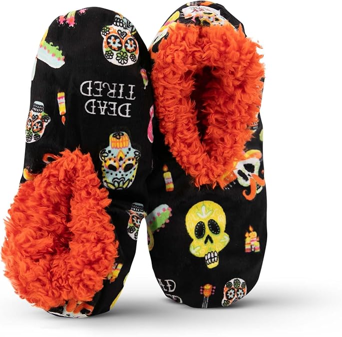 Lazy One Fuzzy Slipper Socks for Women, Fleece House Slippers, Indoor Socks - sugar skull costume