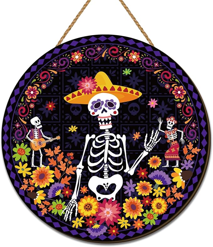 Day of the Dead Wreath 12×12 Inch Dia de los Muertos Home Party Decor - skull wall art
