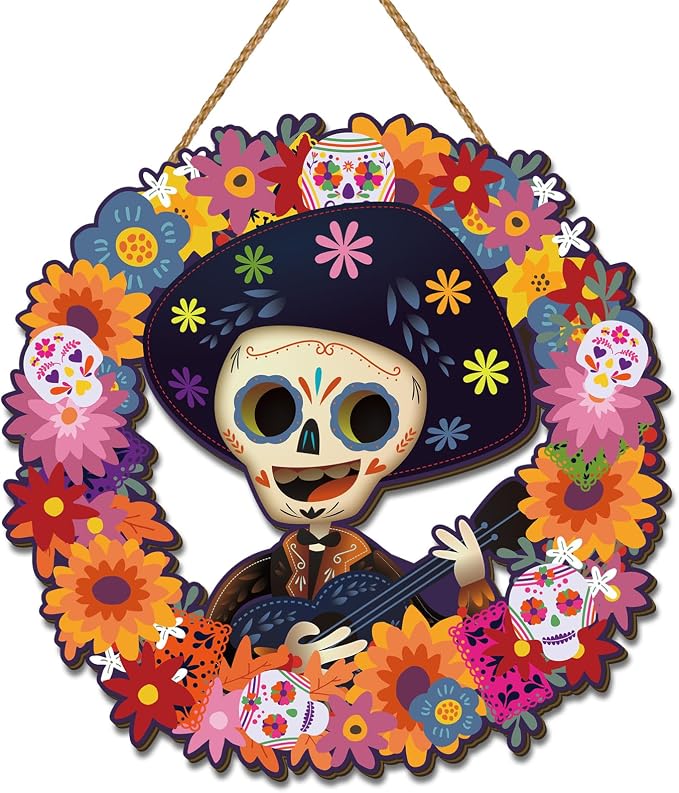 Day of the Dead Wreath 12×12 Inch Dia de los Muertos Home Party Decor - skull wreath
