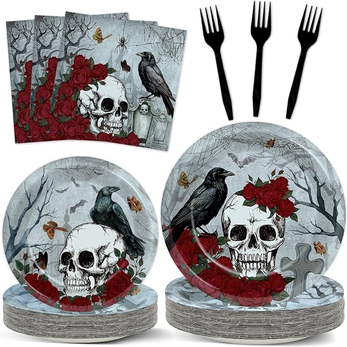 96pcs Halloween Gothic Skull Paper Plates and Napkins Party Decorations - skull plate