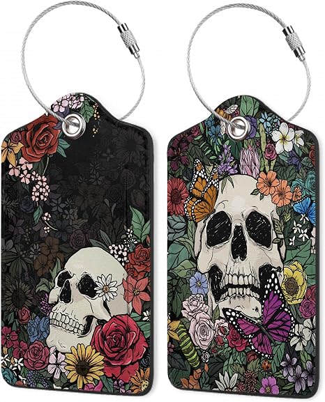 Skull Flowers Luggage Tags,2 Pack Luggage Tag,Leather Privacy Cover ID Label with Stainless Steel Loop for Women Men Kids Girls Travel - skull suitcase