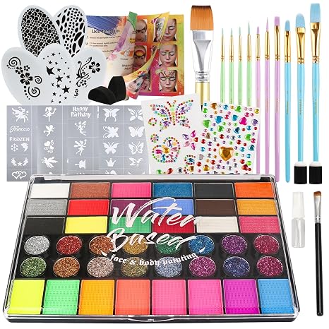 Pintada 42 Color Face Painting Kit for Kids - Non Toxic Water Activated Face Paint Palette With Stencils, Brush, Sponges, Book. For Carnival, Halloween, Costume Makeup and Festivals & Events - skull painting