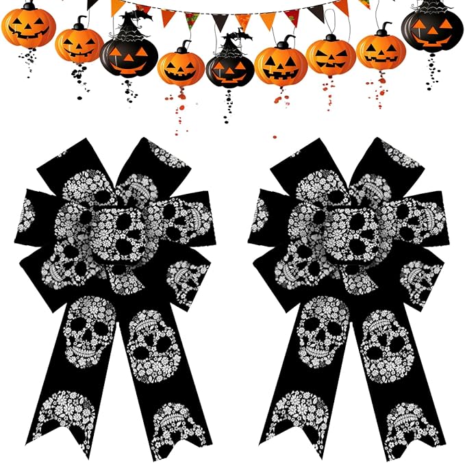 Hying 2 Pieces Halloween Bows for Wreath, Halloween Skull Wreath Bows Black White Burlap Bows Halloween Skeleton Craft Bows Day of The Dead Decorative Bows for Front Door Halloween Party Decorations - skull wreath