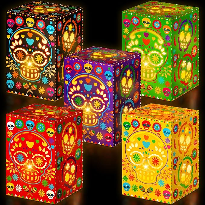 Pasimy 30 Pcs Sugar Skull Luminary Bags Dia De Los Muertos,Dark,Classic