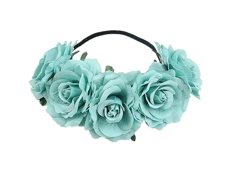 Women's Hawaiian Rose Flower Stretch Headband Artificial Flower Hairband Floral Crown Headpiece (Aqua Blue, Free) - skull headband