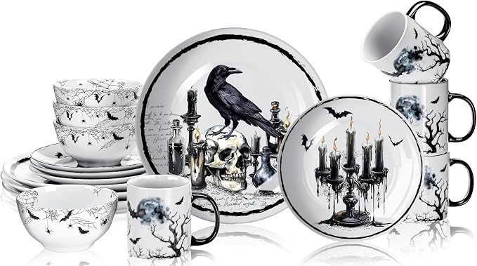 16 Pcs Halloween Gothic Dinnerware Set Serve 4 Guest Ceramic - skull plate