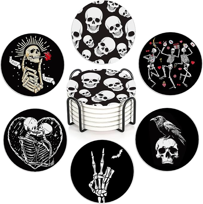 Coaster for Drinks Set of 6, Skeleton Skull Absorbing Round Ceramic Stone Coaster with Cork Base,Tabletop Protection Mat for Mugs and Cups,Coffee Table Wine Glass Home Bar 4 Inch - skull coaster