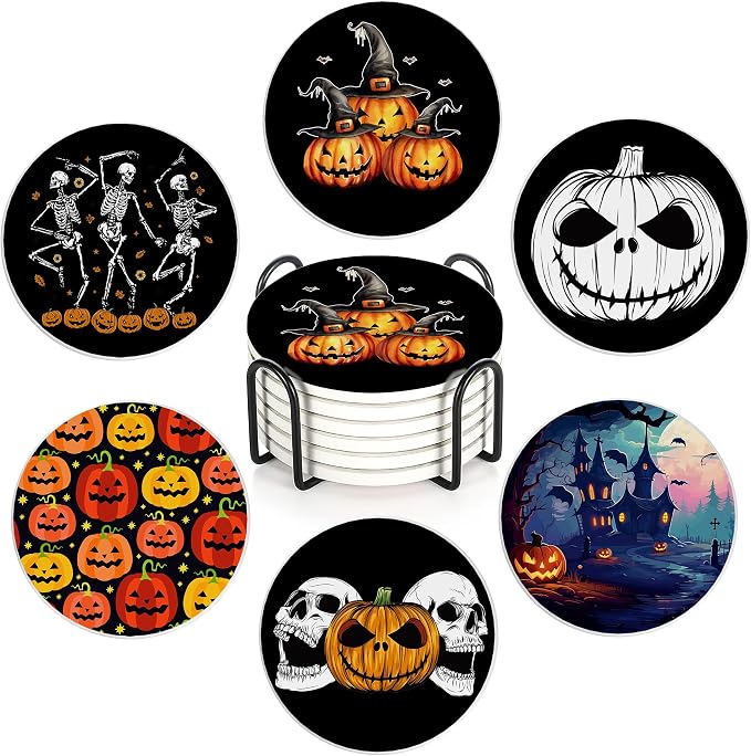 Coaster for Drinks Set of 6, Halloween Skeleton Skull Pumpkin Absorbing Round Ceramic Stone Coaster with Cork Base,Tabletop Protection Mat for Mugs and Cups,Coffee Table Wine Glass Home Bar 4 Inch - skull coaster