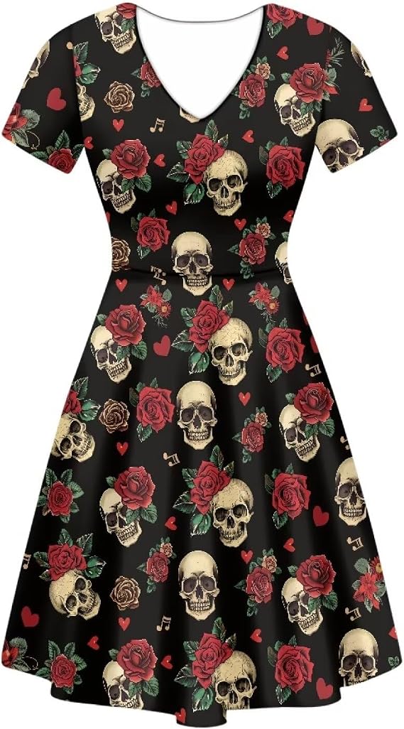 Xpyiqun Women Summer Dress A-line Party Dance Dresses 1/4 Sleeve T-shirt Dress - sugar skull makeup