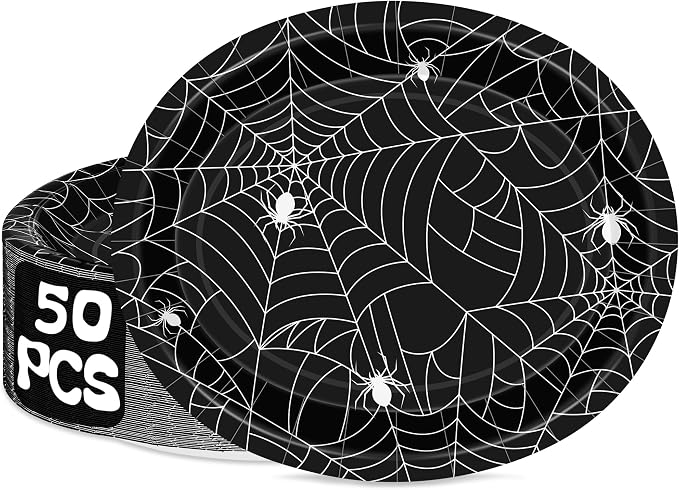 50 Pcs Halloween Plates, 12.2" X 10.2" Oval Halloween Spider Web Plates - skull plate