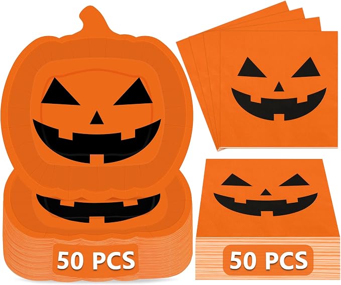 50 Sets Halloween Plates and Napkins, 9.6" X 9.4" Paper Pumpkin Plates - skull plate