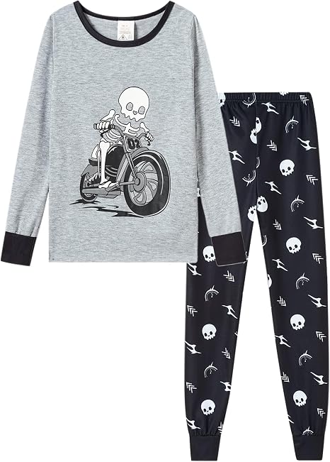 MyFav Boys Pajamas Set Glow in Dark Skull Pjs Long Sleeve Casual Kids Sleepwear Halloween - skull pajamas