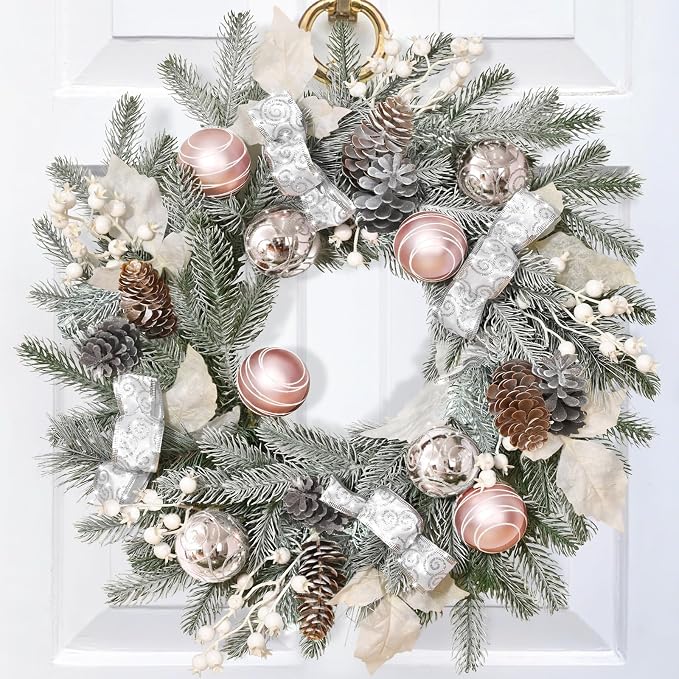 Elyum 20 Inch Christmas Wreaths with Lights, Christmas Wreath with Balls Ribbon Berries & Pine Cones for Front Door Wall Home Outdoor Decor(1 Pack) - skull wreath