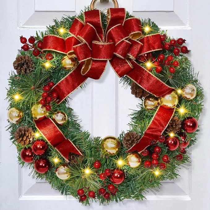 Elyum 16 Inch Christmas Wreath with Lights, Christmas Wreaths for Front Door with Balls Berries & Pine Cones for Home Wall Outdoor Decor(1 Pack)