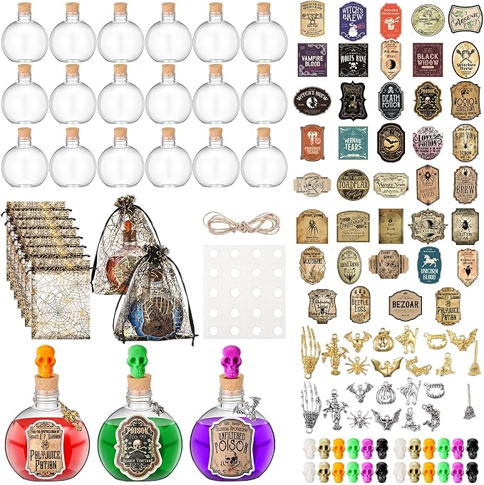 Teenyyou 139 Pcs Halloween Potion Bottles Set Witch Decor,Spherical - skull bottle