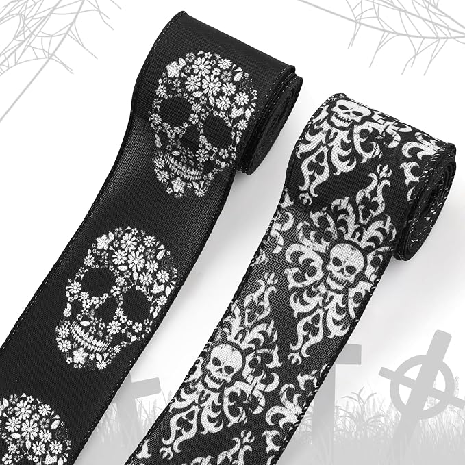 Threetols 2 Rolls 10 Yards Halloween Wired Edge Ribbon, 2.5inch Black White Scary Burlap Ribbon for Day of The Dead Party DIY Craft Wreaths Bow Decoration - skull wreath