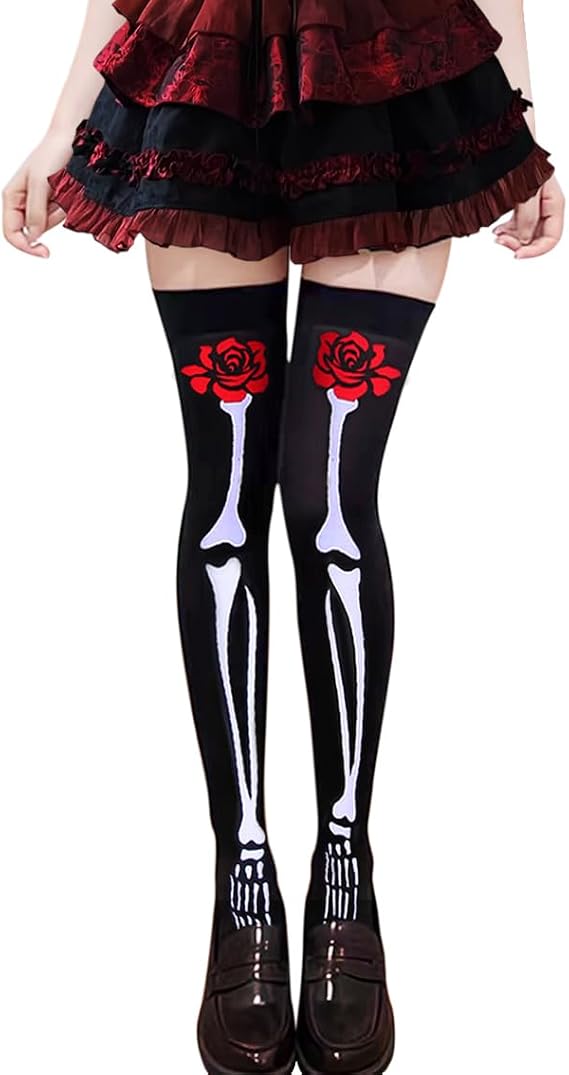 Rose Skeleton Knee High Socks – Black Day of The Dead Over Knee Leggings Halloween Stockings - skull leggings