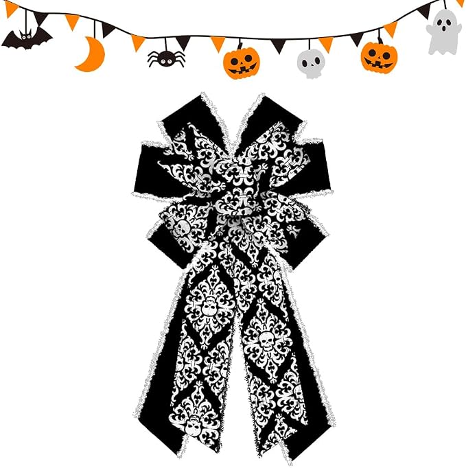 Threetols Black Velvet Halloween Wreath Bows, Vintage Scary Floral Decorative Bows for Front Door, Skull Skeleton Ornaments, Indoor Outdoor Decor - skull wreath