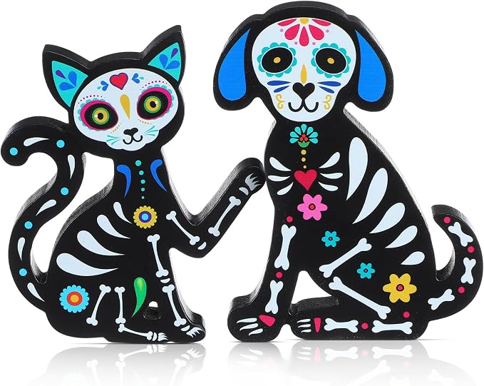 Wesiti 2 Pcs Dia De Los Muertos Decoration Sugar Skull Cat Dog Wooden Signs - skull figurine