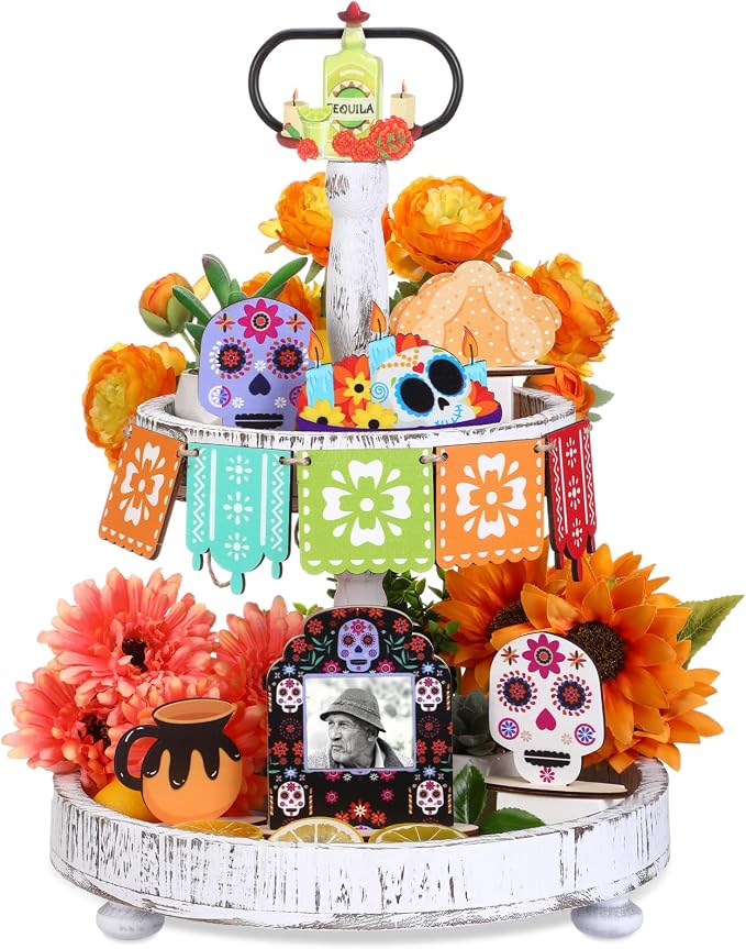 GlikCeil 12 Pcs Day of The Dead Wooden Tiered Tray Decoration Set - skull wreath