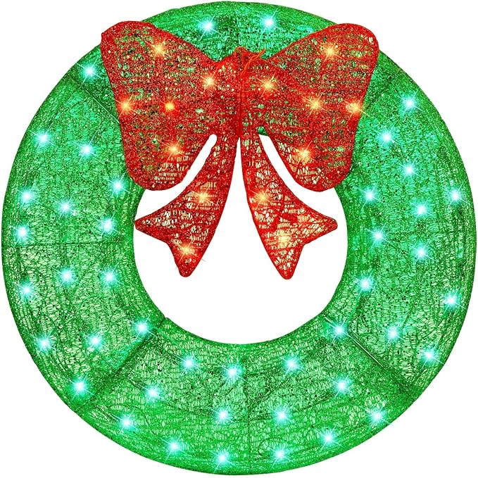 ATDAWN 26 Inch Christmas Wreath, Outdoor Christmas Wreath Decoration, Lighted Xmas Wreath for Christmas Home Wall Door Decoration (Green) - skull wreath