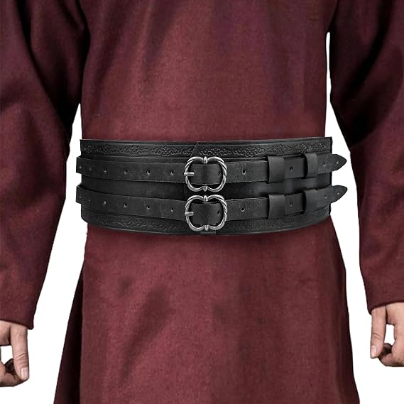 HiiFeuer Viking Wide Armor Corset Belt, Medieval Faux Leather LARP Costume - skull wallet
