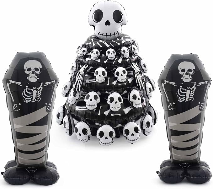 Halloween Skull Balloons Standing Coffin Balloons With Base Large Scary Balloon Skeleton Foil Balloon for Halloween Spooky Party Horror birthday Decorationes Supplies 3 PCS - skull inflatable