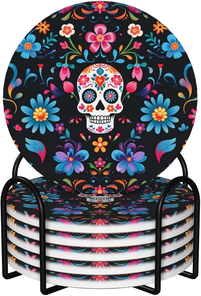 6 Pcs Ceramic Coasters with Holder Absorbent Drink Round Mexican Sugar Skulls Flowers Design for Home Table Coffee Cup Wine Beer Bar,Size 4.4 inches