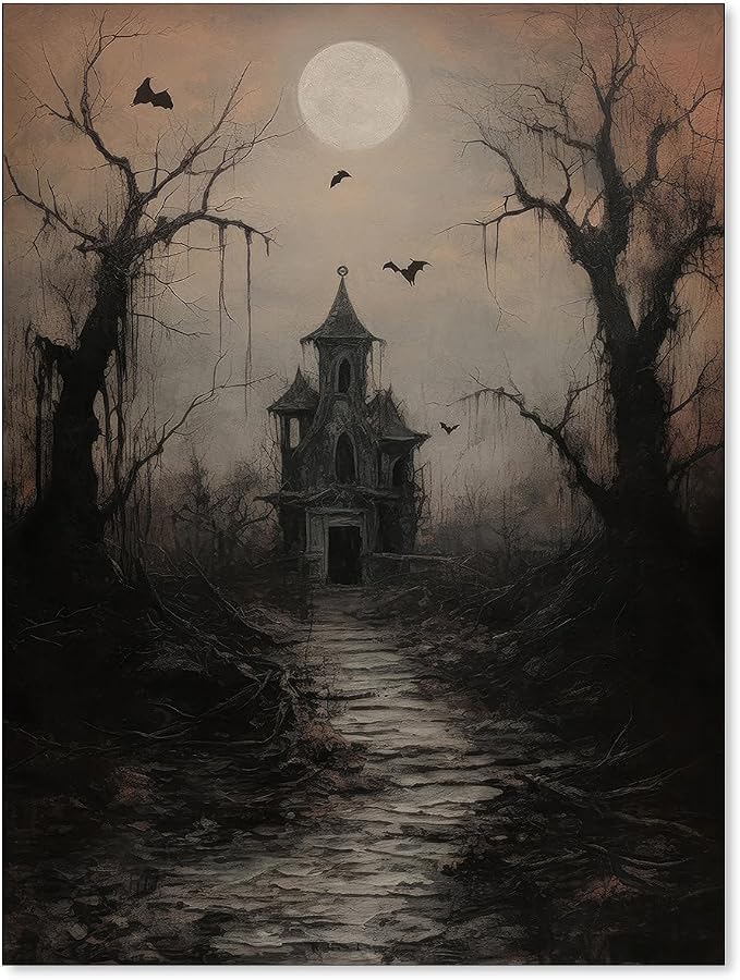 WBSTGUE Dark Academia Wall Art Gothic Halloween Poster Vintage Haunted House Canvas Prints Goth Spooky Painting Dark Rustic Wall Decor 12x16inch Unframed - skull painting