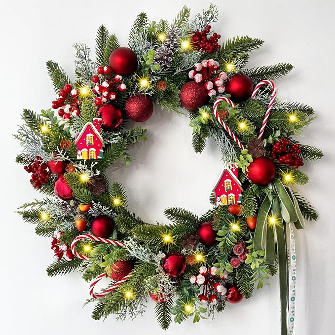 20" Christmas Wreaths for Front Door, Christmas Wreath with Lights Candy Canes Christmas Ball Ornaments, Lifelike Pine Cones Berries & Bow, Christmas Door Wreath for Indoor Outdoor Wall Decor - skull wreath