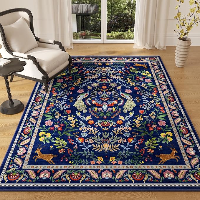 Rugcomf Area Rug 4x6 Floral Washable Non Slip, Blue - skull rug