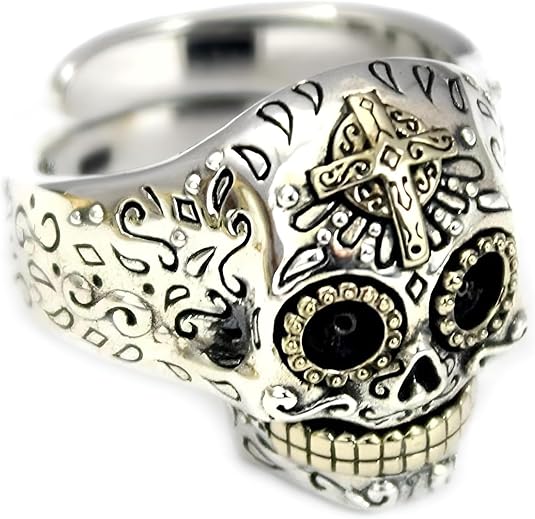 COSUMOSU Mexican Sugar Skull Ring 925 Sterling Silver Adjustable US 7-13 Men’s Punk Cross - skull ring