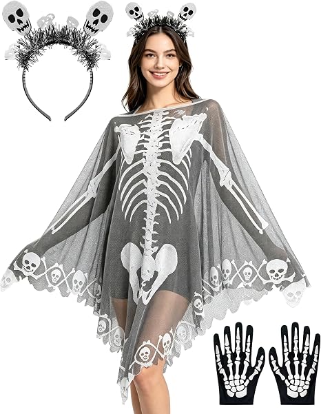 3 Pcs Halloween Skeleton Poncho for Women, Skeleton Costume Adult Masquerade Mask Lace Skull Cape for Halloween Party Costume - sugar skull costume