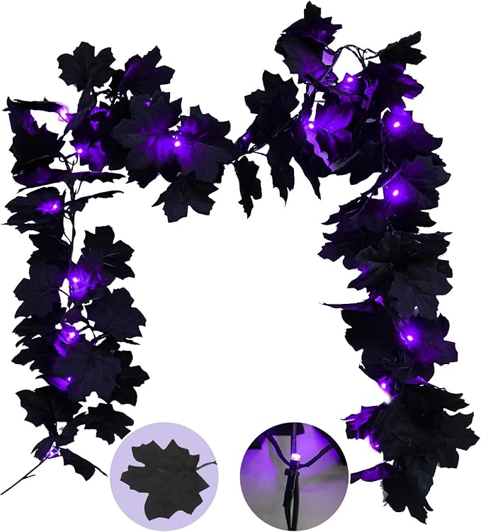 suddus Halloween Garland with Lights Black Maple Leaves Battery Operated - string light