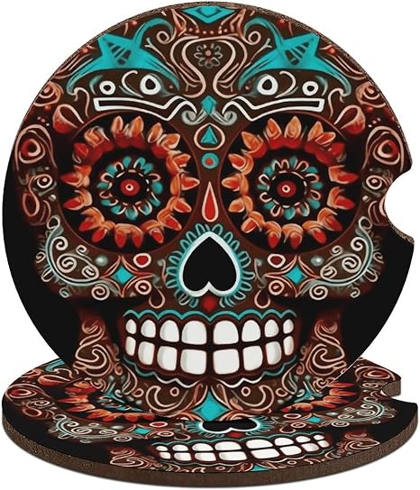 Car Cup Coaster 2PCS Car Cup Holder Coaster Sugar Skulls Day of The Dead Car Coaster Non-Slip Cup Holder Coasters with A Finger Notch Interior Decoration Shockproof Drink Mat for Most Vehicle - skull coaster