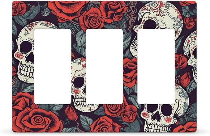 Wall Plate Decorative Outlet Cover 2-Gang Duplex WallPlate Sugar Skulls And Red Roses Edge Outlet Covers Light Switch Cover Decorative Wallplate 5"" X 3"" Thermoplastic Standard Size - skull plate