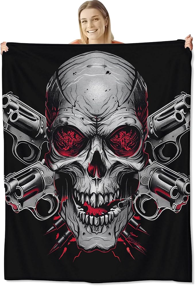 Skull Blanket for Kids and Adults, Flannel Skeleton Throw Blankets with Black Background for Sofa Couch Bed Living Room Halloween Decor Gifts, Single-Sided Printing, 50x60 Inches - skull blanket