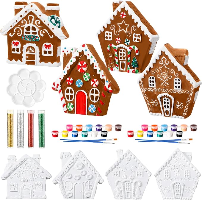 Poen Set of 4 Ceramic Christmas Gingerbread House Paint Craft Kit for Adult - skull painting