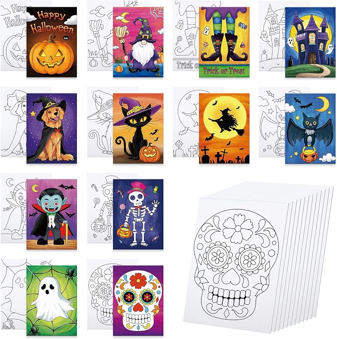Anseal 12 Packs Pre Drawn Canvas to Paint, 5″ X 7″ Halloween Pre Printed Canvas for Kids, Pre Stretched Canvas Outline Painting Boards for Beginners, Students, Party Favor