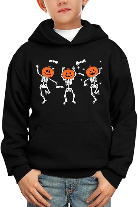 Remimi Kids Halloween Hoodie Boys Girls Solid Color Sweatshirt with Pocket 5-14 Years - skull hoodie