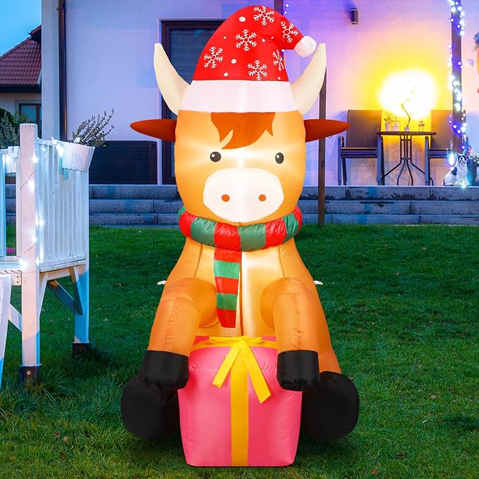 5FT Christmas Inflatable Highland Cow with Santa Hat Decoration - skull inflatable