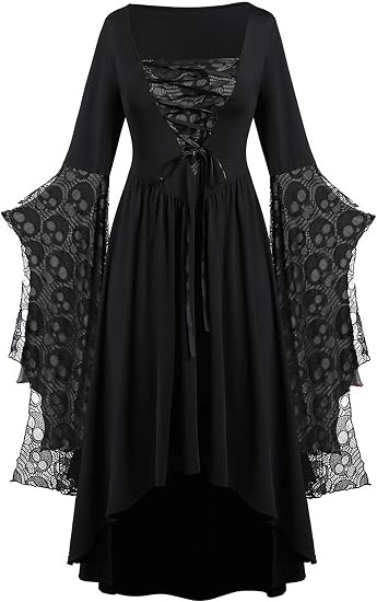 FEAPHY Women's Gothic Dress Chiffon Cold Shoulder Midi Halloween Dress - sugar skull dress