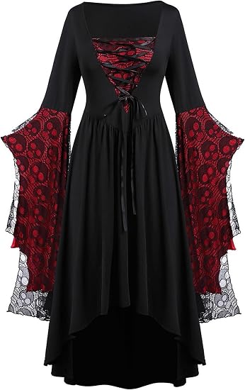 FEAPHY Women's Gothic Dress Chiffon Cold Shoulder Midi Halloween Dress - sugar skull dress