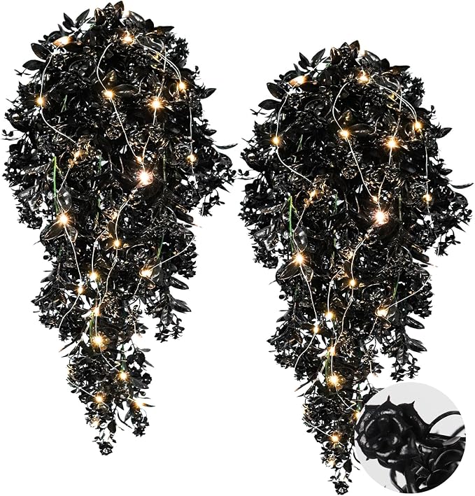 RECUTMS Artificial Black Hanging Flowers with Light for Halloween Decor 2Pc - string light