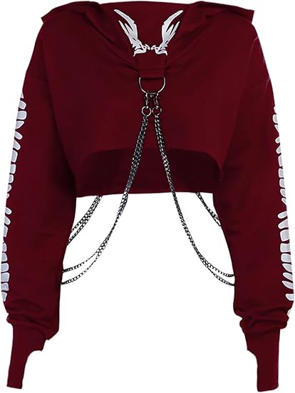 TSMNZMU Women Gothic Crop Hoodie - Long Sleeve Reflective Skull Print Tops - skull sweatshirts