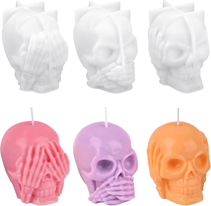 HUAKENER 3 Pack Skull Candle Molds, 3D Skull Resin Molds - skull ashtray