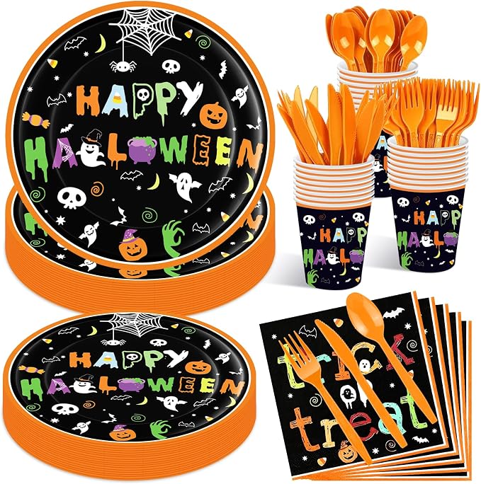 175 Pcs Happy Halloween Plates Napkins Cups Cutlery Tableware Decorations - skull plate